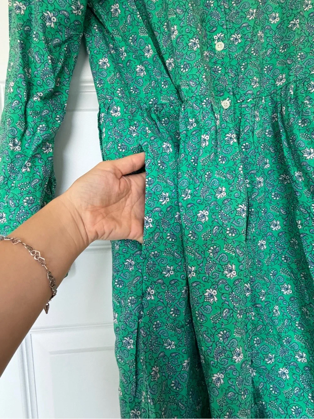 J. Crew Green Floral Long-Sleeve Button Dress with Lace - Picture 7 of 10
